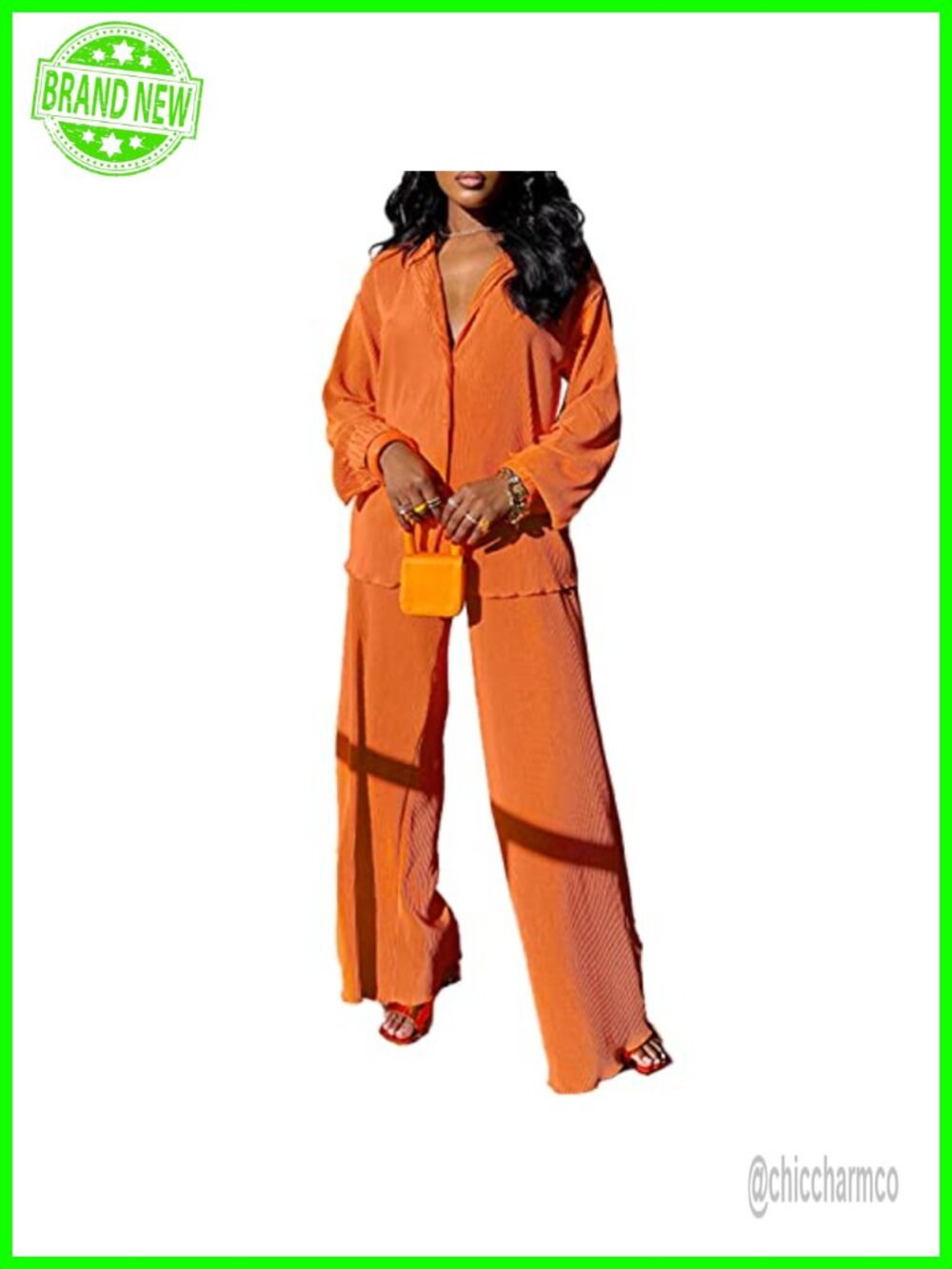 Women's 2 Piece Plissรฉ Set Button Down Shirt Wide Leg Pants Loose Fit Casual